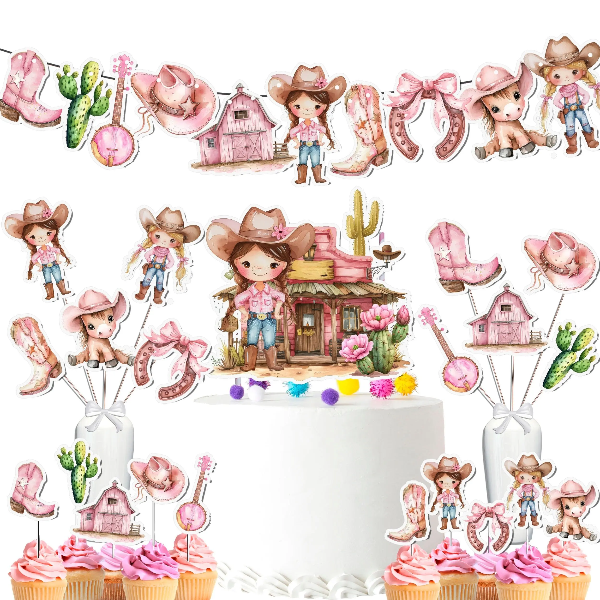 Pink Cowgirl Party Decor Set - Complete with Cake Topper, Cupcake Toppers, Centerpieces & Banner for Baby Showers and Birthdays