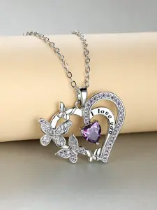 Butterfly & Heart Shaped Artificial Zircon Inlaid Pendant Necklace, Fashion Jewelry for Party, Daily Clothing Decor, Trendy All-match & Exquisite Jewelry for Gift
