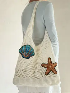 Women's Hollow Out Knitted Bag, Starfish Shell Sequins Capacity Tote, Casual Shopping Shoulder Bag, Daily Use Hook Stitched Bag