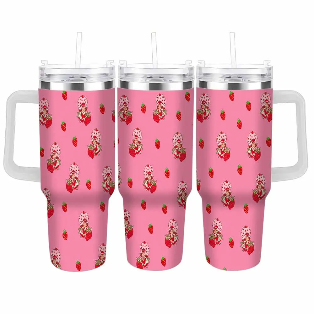 Cute Girl Strawberry Pattern Tumbler 40oz/30oz Sweet Fruit Print Durable Insulated Stainless Steel Cup Large Capacity Travel Mug Perfect for Office Desk Daily Hydration Commuting Birthday Gift Ideas