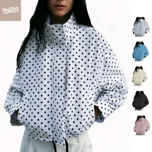 YeeZaa Women's Polka Dot Jacket 2026 Fashion Jackets Zip Up Stand Collar Cropped Lightweight Adjustable Drawstring Hem Casual Trendy Coat with Pockets