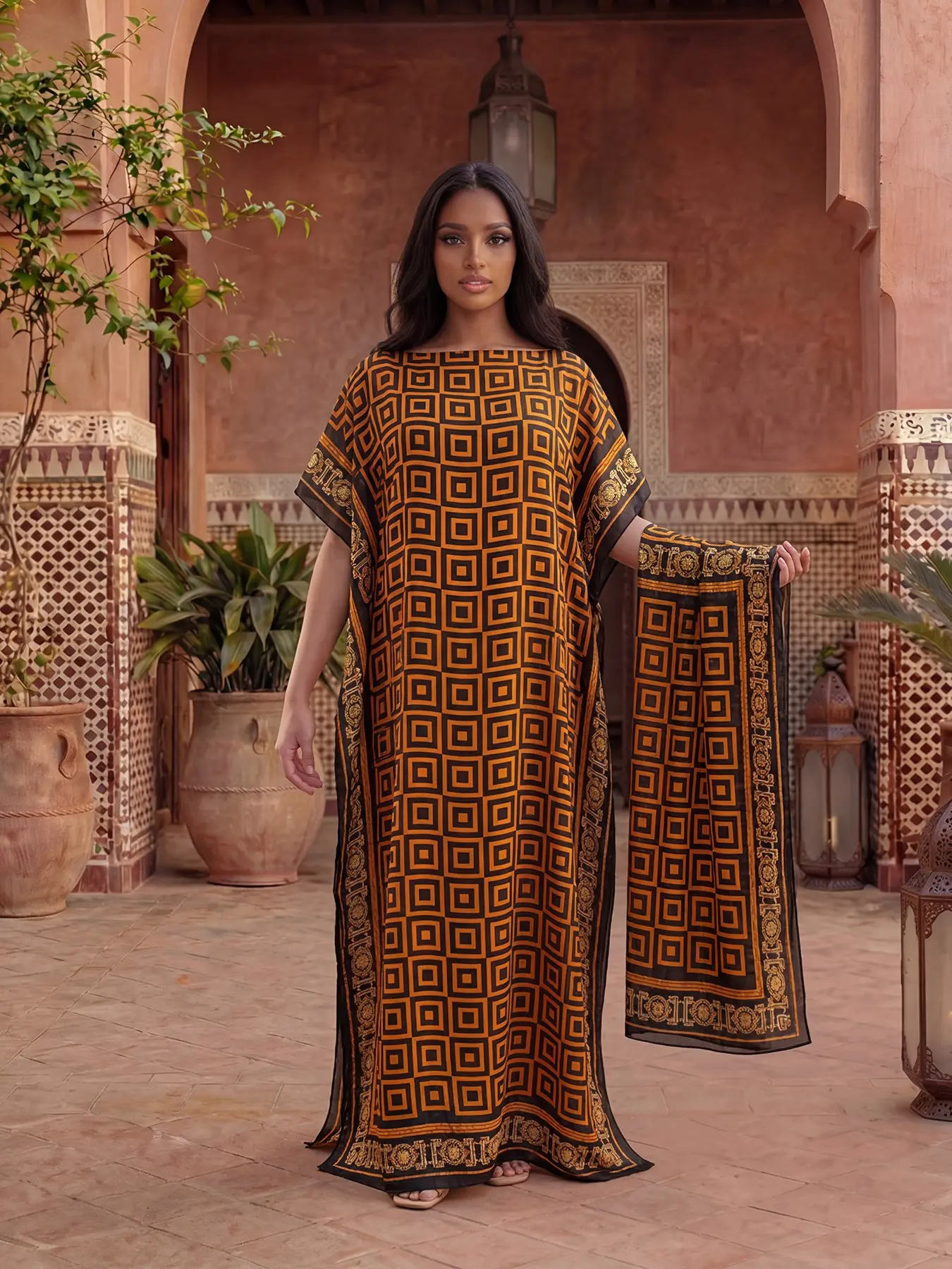 Women's All-Season Fitted Long Dress & Scarf Set, Outfit, Casual Style Summer Beachwear Sun Protection Satin Shawl, Full Body Printed Design