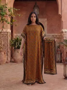 Women's All-Season Fitted Long Dress & Scarf Set, Outfit, Casual Style Beachwear Sun Protection Satin Shawl, Full Body Printed Design