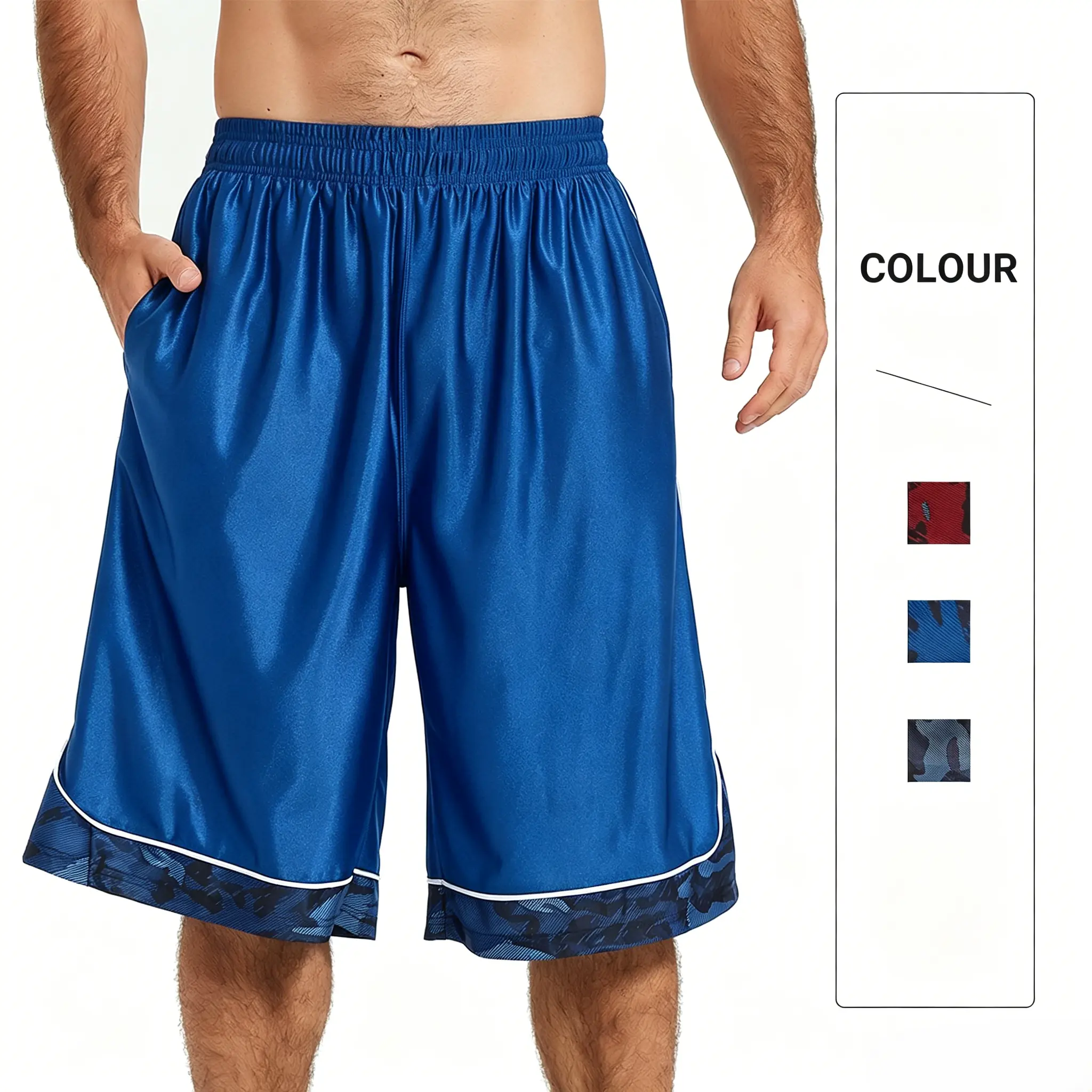 Menswear Men's Breathable Basketball Shorts - Moisture-Wicking, Loose Fit, Over-the-Knee, Drawstring-Equipped with Camouflage Side Stripes