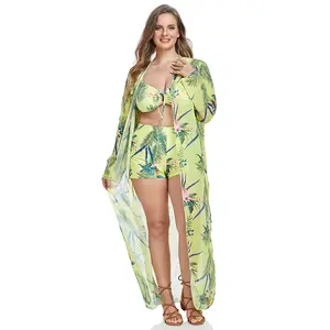 2025 new sub-large size swimsuit bikini printed beach sunscreen shirt cover women's three-piece set