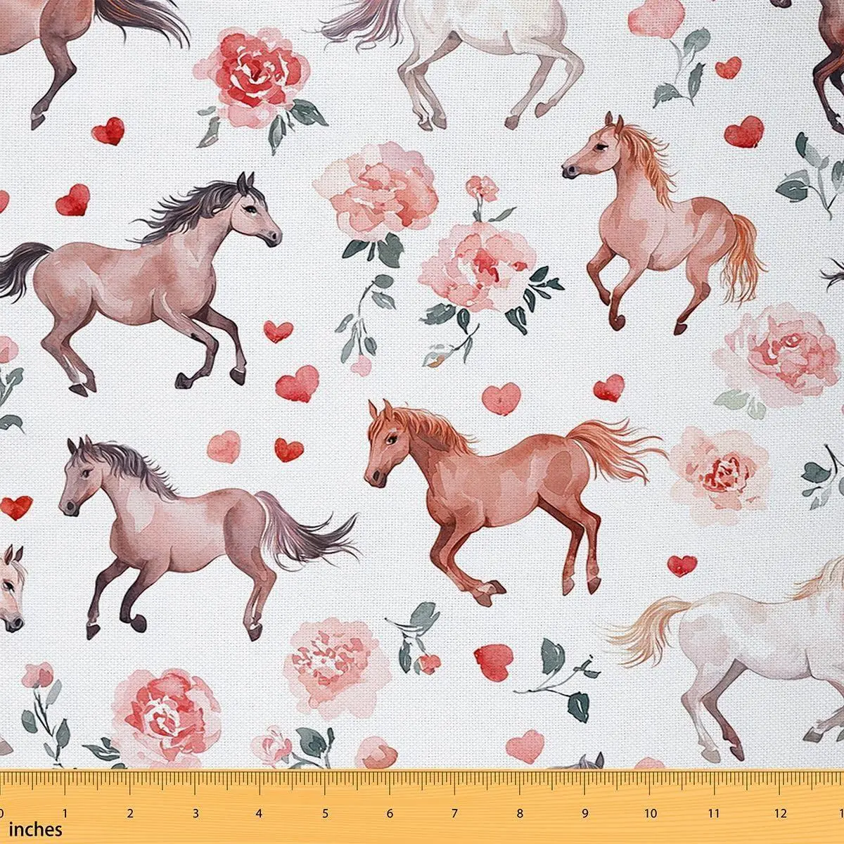 Horse Upholstery Fabric Farm Western Cowboy Cowgirls Fabric Pink Rose Floral Decorative Fabric with Cute Lover Heart Decor Kawaii Horse Quilting Fabric