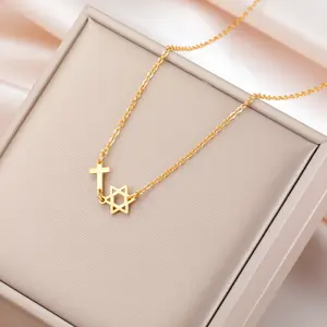 Cazador Star Of David Cross Pendant Necklaces For Women Stainless Steel Gold Color Choker Jewish Hexagram Jewelry Gift Wholesale