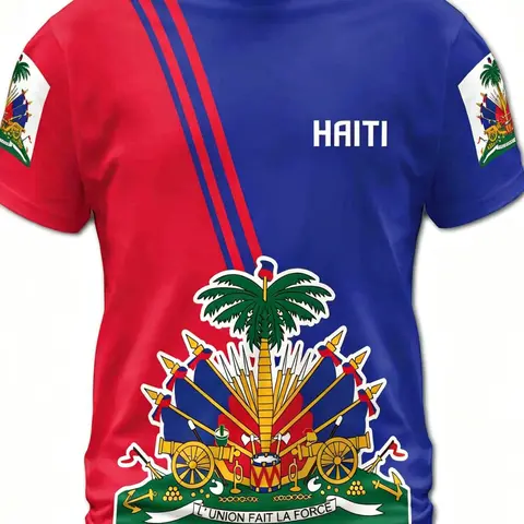 Men's Haiti Football Jersey, Comfortable Round Neck Sports Shirt with Ethnic Pattern, Slim Fit, All-Season Training Wear, Athletic Tops