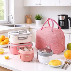 3-in-1 Lunch Box Set with Insulated Bag | 1200ml Bento Box with Fork & Sauce Container + 600ml Soup Bowl | Leakproof Meal Prep Container for Kids Adults School Office