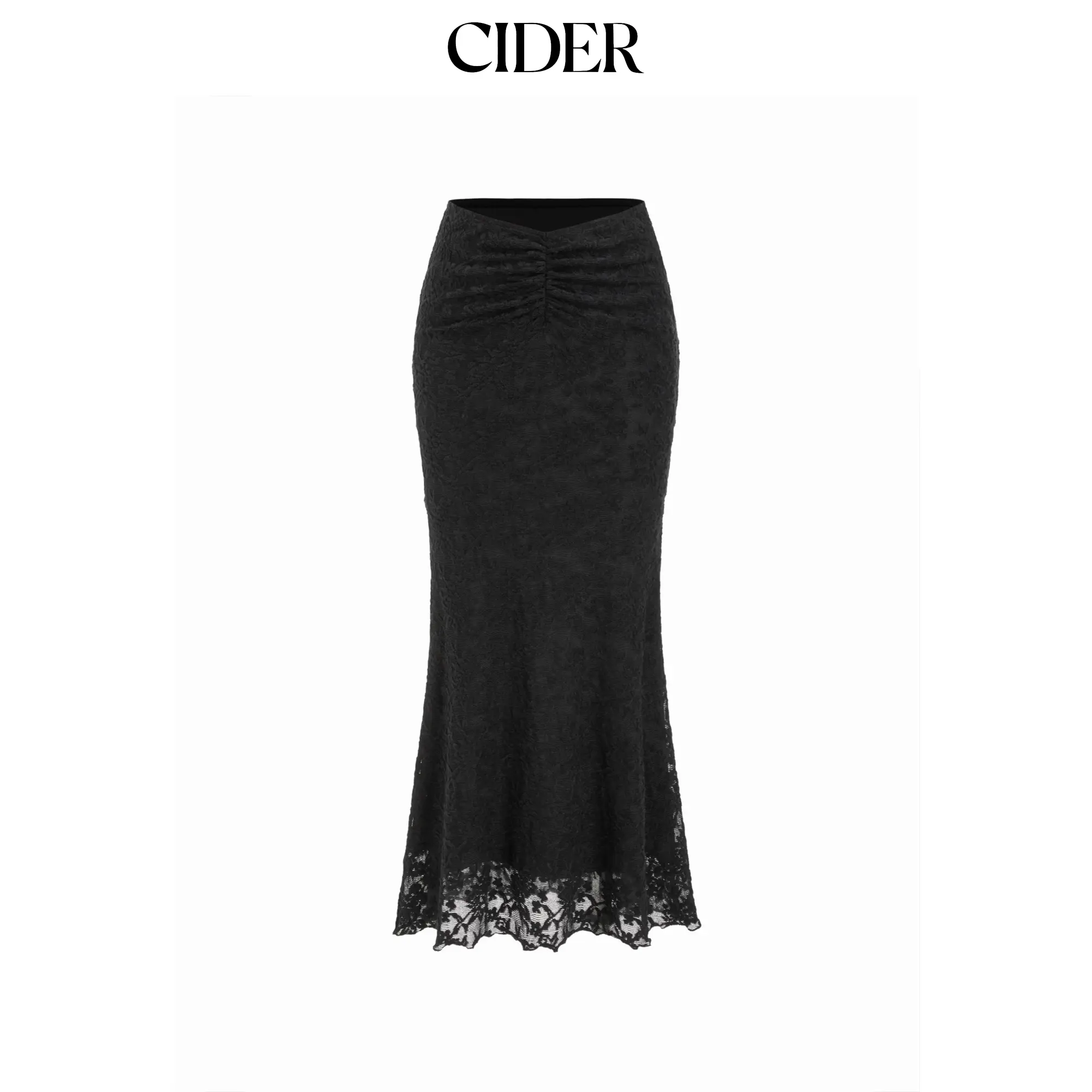 Cider Texture Lace Ruched Mermaid Maxi Skirt, Mid Rise, Long Maxi Skirt