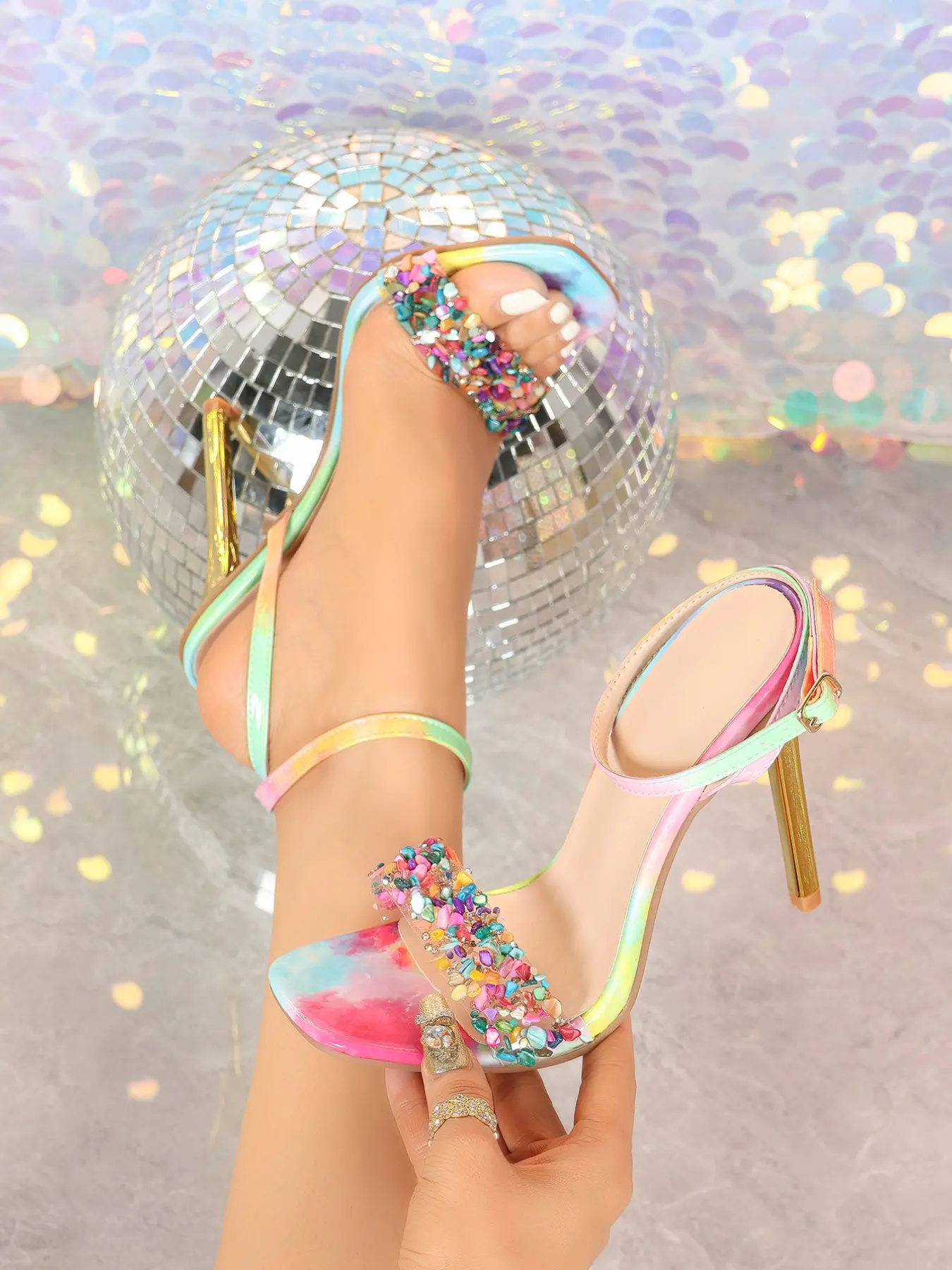 Women's Tie Dye Rainbow Stiletto Buckle Design Sandals, Electroplated Square Toe High Heels, Multi-Color Rhinestone Dress Shoes, Perfect for Parties and Weddings, Elegant Sandal