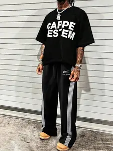 Two-Piece Set Men's Letter Print Striped Tee & Tracksuit Pants Set, Regular Fit Casual Fashion Round Neck Short Sleeve T-shirt & Adjustable Waist Sweatpants, Men Two-piece Outfits for Summer Striped Sets Menswear