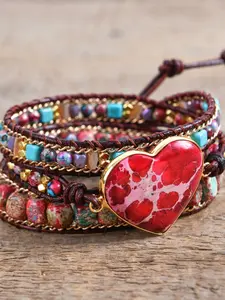 Handmade Adjustable Three-Layer Natural Stone Heart Bracelet, Bohemian Style Women's Jewelry, Unique Crafted Accessory, Bohemian Bracelets