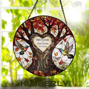 Custom Tree Of Life Couple Glass Suncatcher, Personalized Cardinal Bird Window Hanging, Personalized Tree Of Life Anniversary Suncatcher With Name & Date