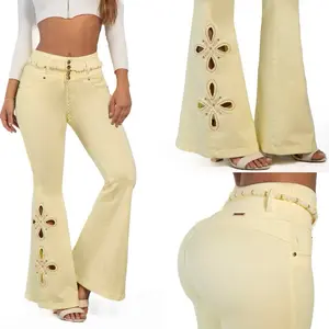 W71-356 Colombian Butt Lift Flare Jeans with Rhinestone Cutout Detail – High Waist Push Up Denim