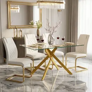 Indoor 5-Piece Dining Table Set with 4 High-Back PU Leather Upholstered Chairs, 51.18" Tempered Glass Tabletop, Gold Metal Frame, Adjustable Leveling Ft, Sturdy Easy-Assembly Furniture for Kitchen, Dining Room