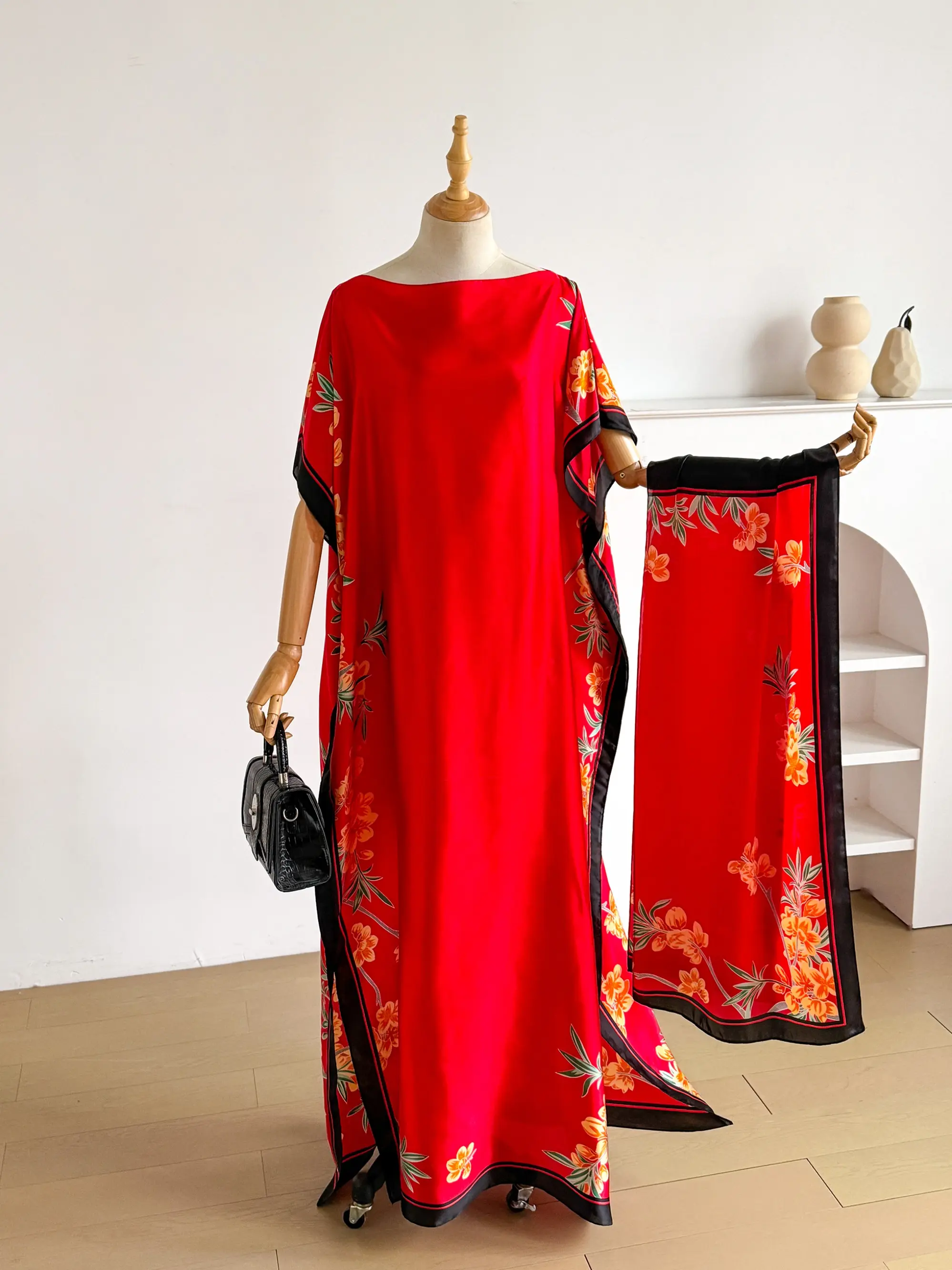Elegant Floral Print Robe Set with Shawl and Long Scarf, Women's Beach Cover-Up, Sun Protection Silk Scarf, Summer Fashion, Beach Cover Ups, Summer Coverup