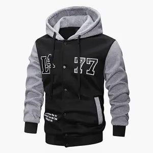 Men's Black & Gray "LA 77" Hooded Baseball Jacket - Button Details, Print Design, Trendy Layered Look (Suitable for Casual & Sporty Styles)