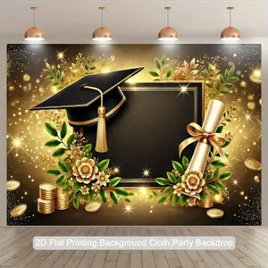 Graduation & Congrats Grad Backdrop – Black Gold Elegant Tapestry, Wall Hanging, Photography Background, Polyester HD Print, Party, Anniversary, Event, Decor