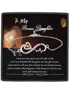 To My Bonus Duaghter Heartbeat Gift , Includes Card and Box, Graduation Birthday Christmas Present, Heart Shaped Bracelet