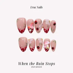 ErsaNails WHEN THE RAIN STOPS - Short Almond 10 PCS Handmade Press On Nails | 3D Flower, French Tip & Polka Dot