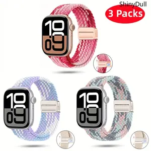 3-Pack Magnetic Buckle Braided Nylon Smart Watch Bands, Elastic Solo Loop Wearable Tech Accessories, 38-49mm Fit for Series 1-10, SE, Ultra/Ultra 2 Sports & Outdoor Accessories