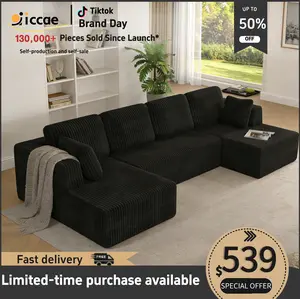 【Shipped in 2 or 3 packages】Popular No Assembly Needed 132'' U-Shape Oversized Cloud  sofa Couch - Corduroy Modular Sectional Sofa with 6 Soft Pillows, Deep Seat Boneless Upholstered Couches for Living Room