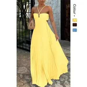 Summer solid color tube top pleated sleeveless suspender dress Casual Collars(Sheet)