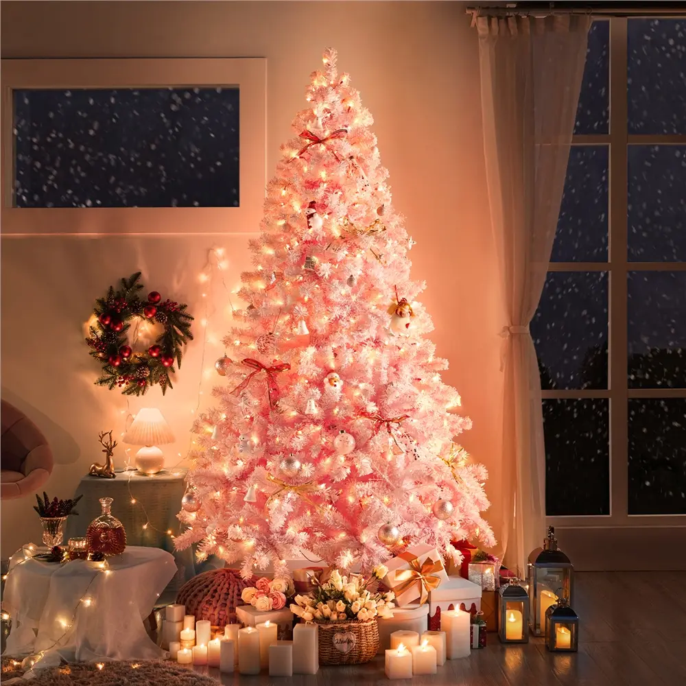 Costoffs Pre-lit Flocked Artificial Christmas Tree 4.5/6/7.5/9FT with Warm White Lights, Hinged Holiday Decorative Tree for Living Room Apartment