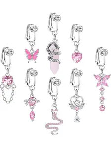 8 PCS Fake Belly Ring For Women Fake Belly Piercing Dangle Clip On Belly Button Rings CZ Snake Butterfly Faux Belly Button Piercing Stainless Steel Fake Navel Rings Non Pierced Belly Piercing Jewelry