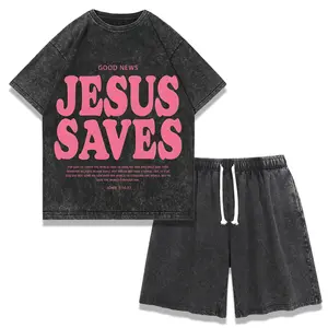 Men's 2-Piece Menswear Vintage Street Outfit, Round Neck Jesus Saves John 3:16 Digital Print T-Shirt & Distressed Washed Loose-Fit Shorts Set, Fashion Casual Summer Streetwear
