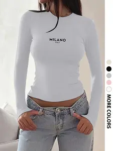 Women's Round Neck Milan Letter Print Long Sleeve T-Shirt, Fashion Slim Fit Casual Top for Daily Wear & Outdoor Activities