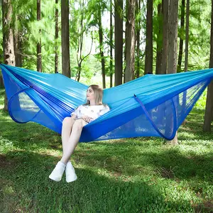 LFL Camping Hammock with Mosquito Net, Hammocks with 13ft Tree Straps Carabiners, Automatic Quick Open Outdoor Portable Hammock, Nylon Parachute Material Outside Hammock with net, Blue