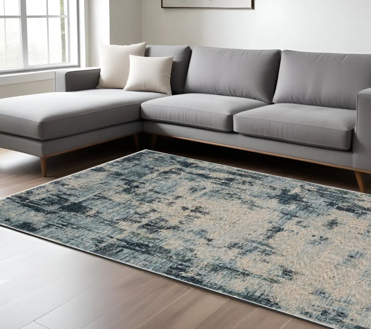 HomeRoots 574762 10x13 ft. Abstract Distressed Fringed Giant Rectangular Area Rug, Beige & Blue, Giant Area Rugs, Rectangular Area Rugs