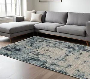 HomeRoots 574762 10x13 ft. Abstract Distressed Fringed Giant Rectangular Area Rug, Beige & Blue, Giant Area Rugs, Rectangular Area Rugs