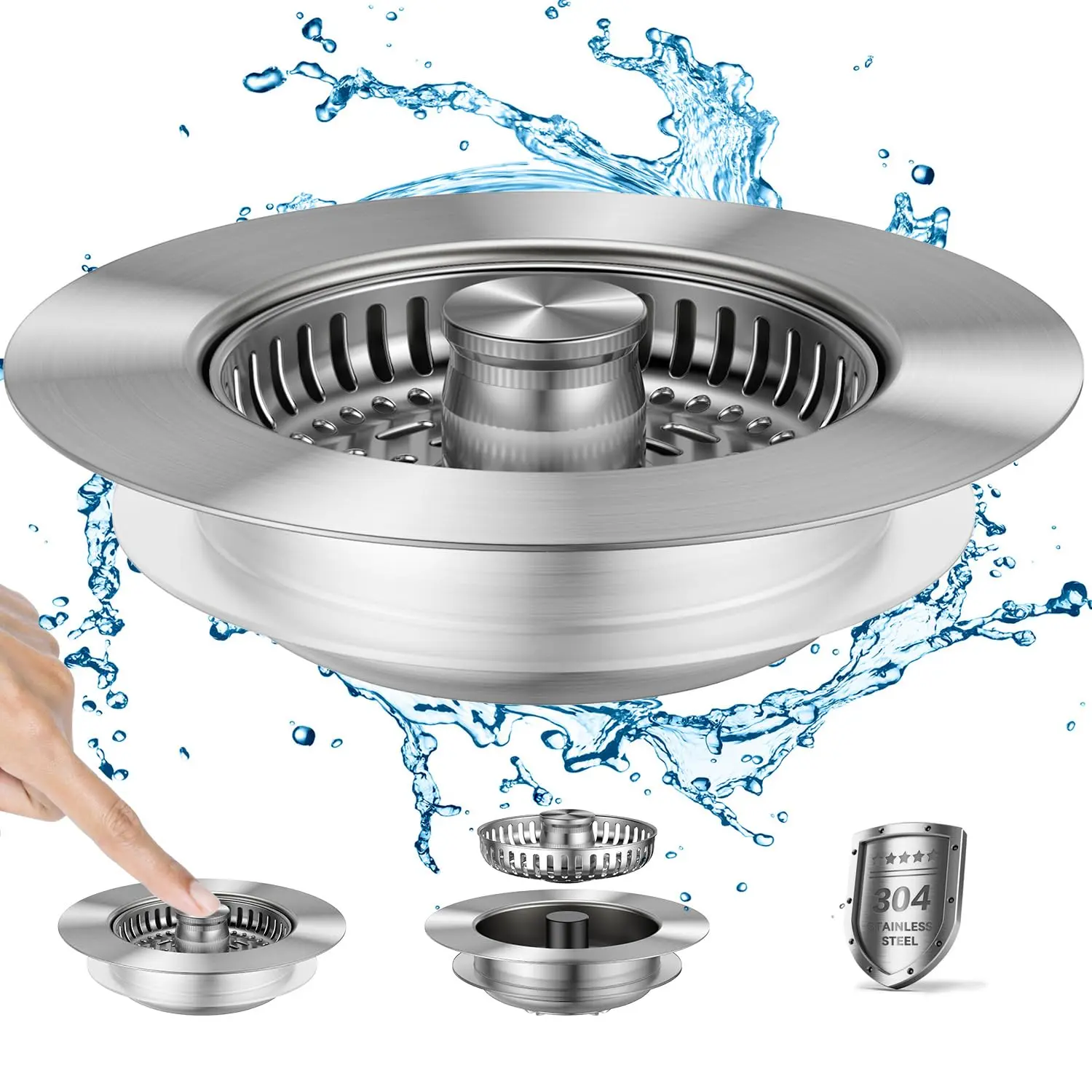 3-in-1 Kitchen Sink Strainer Stopper Combo Stainless Steel Wrap Around Sink Downspout for US Standard 3-1/2 inch Sewer Strainer, Smooth Handle for Easy Cleaning, Anti-Clogging