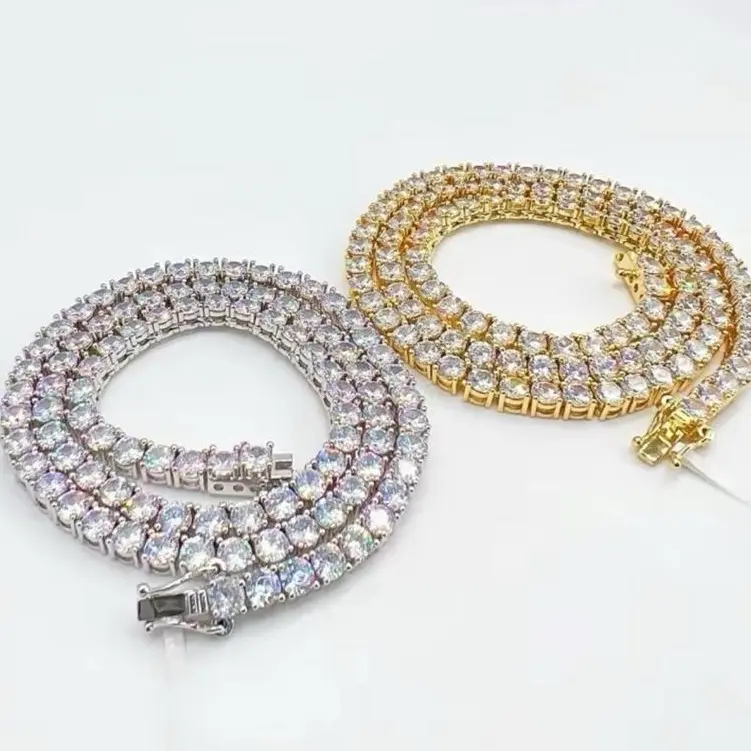 14Kt White & Yellow Gold-Plated 4MM Iced-Out Tennis Chain, Non-Tarnish Hip Hop Jewelry for Men Women