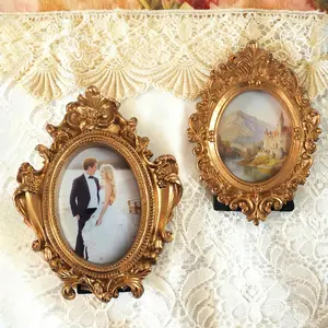 Mini Gold Frames - Small Gold Vintage Flower Oval Rectangle Baroque Frames Table Top Picture Frame for Christmas Holiday Party Decor