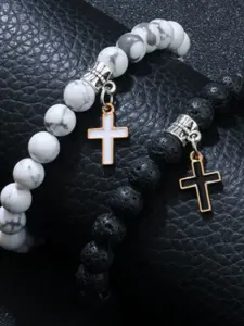 Cross-Border Trendy Pine Stone Volcanic Rock Bracelet with Cross Pendant, Unique Natural Stone Beaded Bracelet for Men, Versatile Fashion Accessory, Faith Wear Jewelry, Trendy Fashionable Accessories