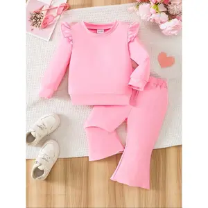 Sweet Girls' Set, Cute Clothing Set, Ruffled Top & Flare Pants, Comfortable Daily Wear, Cute Style for Fall & Winter