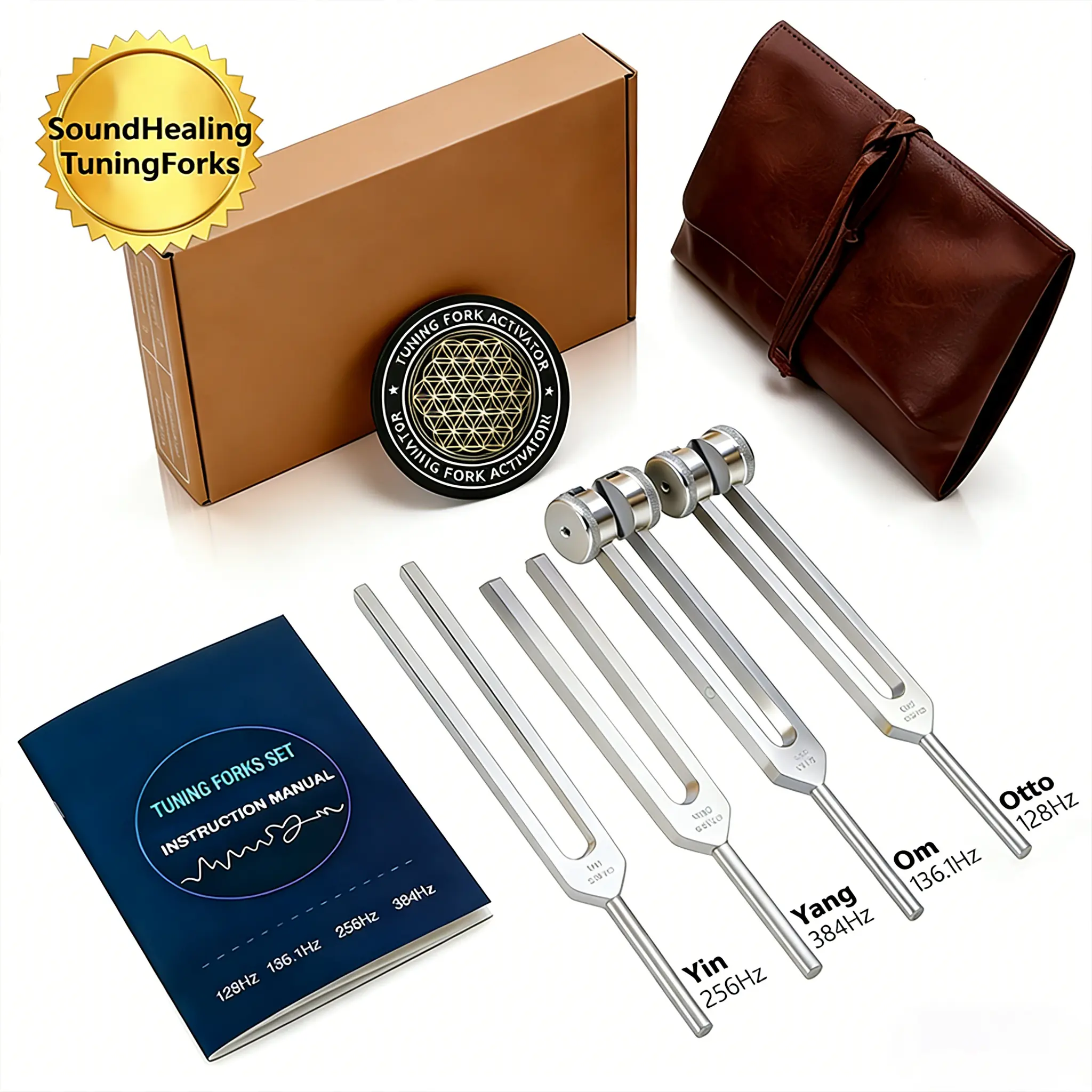 Resonance Sound Healing Tuning Fork Set with Resonator Tuners – 128Hz, 136.1Hz, 256Hz, 384Hz Frequencies, Activator – Sound Therapy for Stress Relief, Deep Relaxation