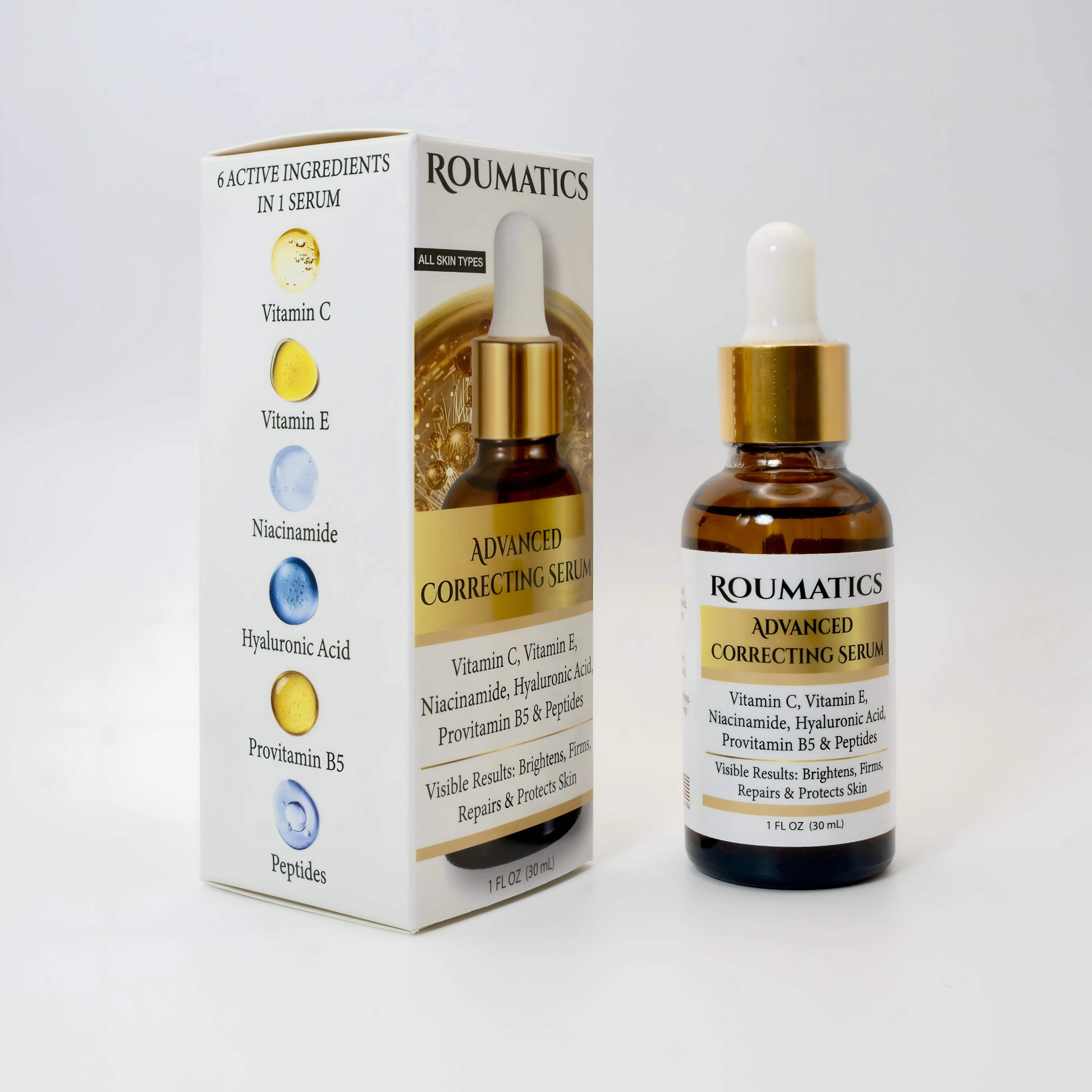 ROUMATICS Advanced Correcting Serum with Peptides, Vitamin C, E, Niacinamide, Hyaluronic Acid & Provitamin B5 | RS-01 Peptide Technology for Fine Lines, Wrinkles, Dark Spots, Firmness & Discoloration