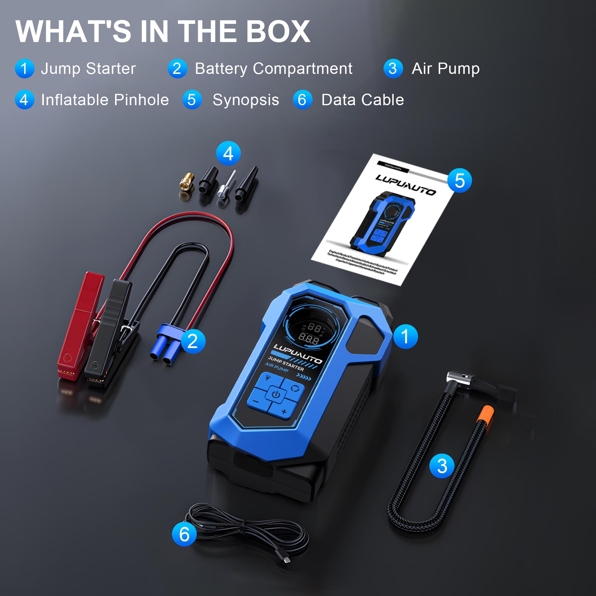 LUPU AUTO multifunctional portable tire inflator, 4 preset modes, automatic stop, LED display, intelligent safety indicator, fast charging for phones and tablets, suitable for car tires, bicycles, and swimming rings