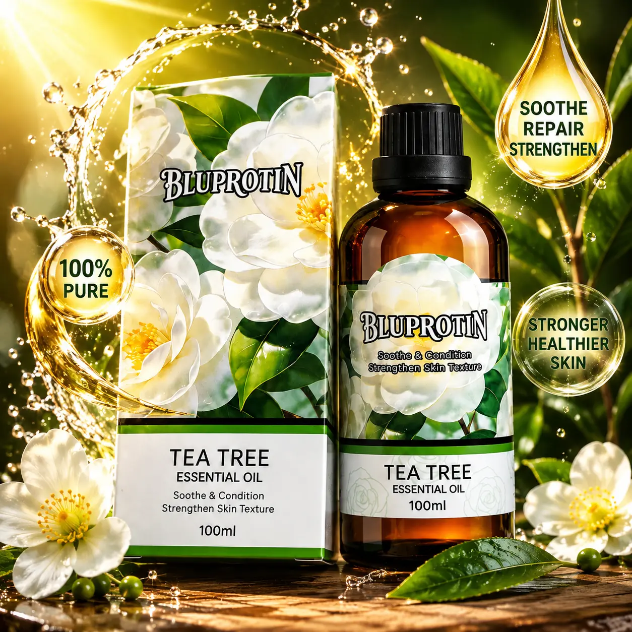 [NEW] BLUPROTIN Tea Tree Body Oil with Camellia Seed Oil & Vitamin E | Lightweight Moisturizing Massage Oil for Soft, Smooth Skin | After-Shower Body Care | 100ml / 3.38 fl.oz.