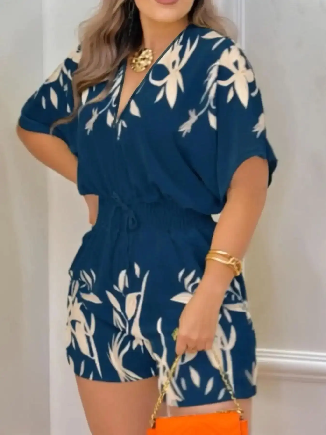 Women's Cute Print Loose Romper, Beach Casual V-Neck One-Piece with Waist-Cinch Short Pants, Breathable & Stylish aesthetic day to night laid back statement piece figure flattering