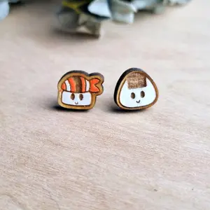 Sushi Wooden Handpainted Earrings - Hypoallergenic Stainless Steel Hardware