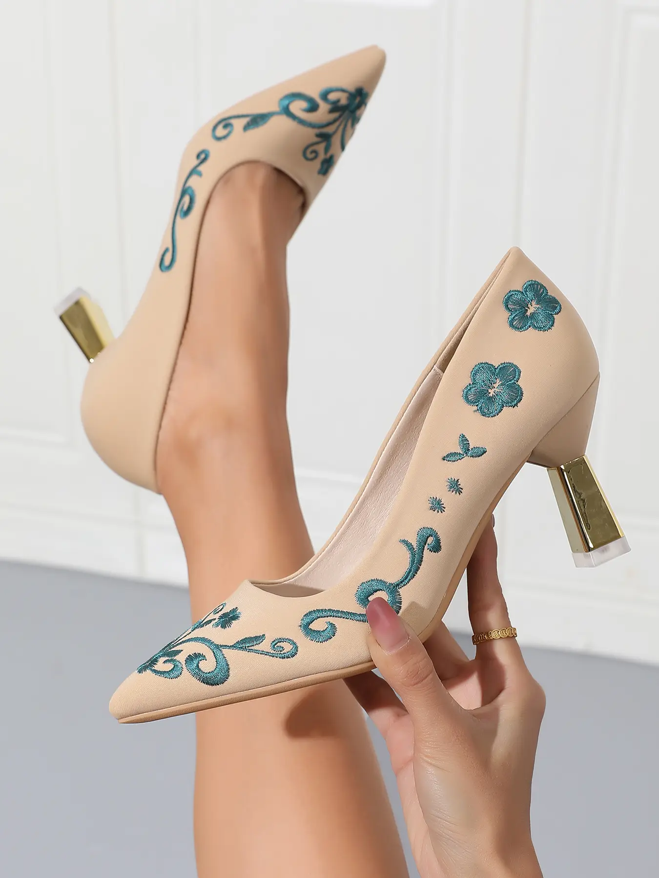Stiletto Heels for Women, Classy Floral Plants Print Pointed Toe Pumps, PU Slip-On Business & Wedding Dress Shoe