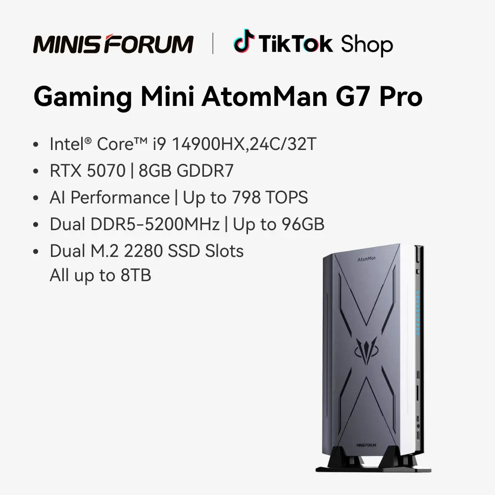 AtomMan G7 Pro Mini PC Core i9-14900HX(24C/32T, up to 5.8GHz) 32GB DDR5 1TB SSD Desktop Computer, HDMI2.1+USB4 Video Output, 2X SSD Slot, 3X USB3.2, WiFi 7, BT5.4, RTX 5070 Graphics Gaming PC BackToSchool