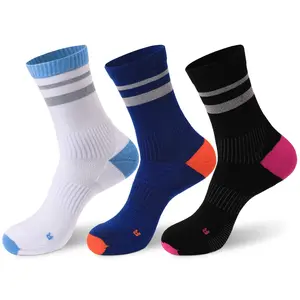 3 Pairs Cycling Socks with Reflective Yarn, Moisture Wicking, High Elasticity, Shock Absorption for Running, Cycling, Basketball, Badminton (White/Blue/Black)