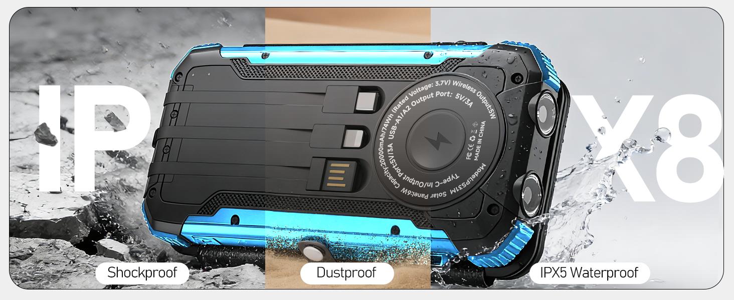 20000mAh Solar Power Bank with 4 Foldable Solar Panels, Built-in Wireless Charging, PD 15W Fast Charging, 3 Built-in Cables, 6 Charging Ports, Portable Solar Charger with Dual Flashlights and Carabiner, Compatible with All Mobile Devices